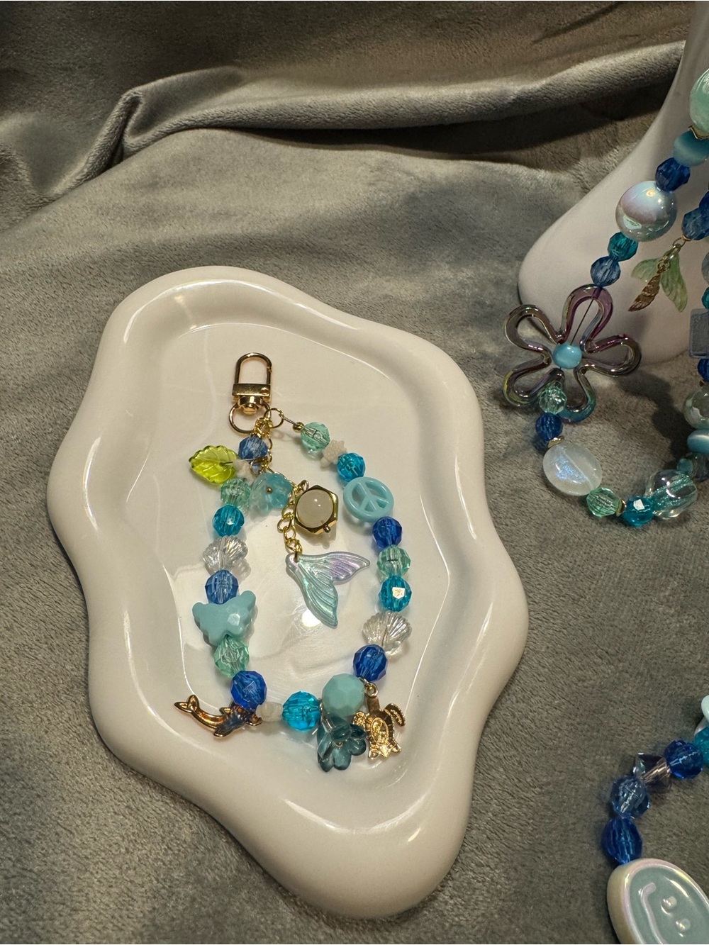 Handmade Blue & Aqua Beaded Charm Bracelet - Gold Accents